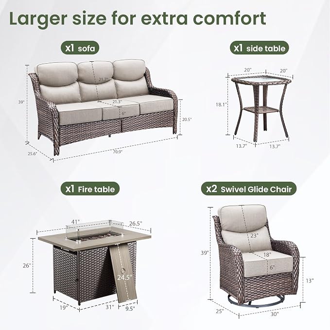 Luxury Patio Furniture Set with 6-inch Thick Cushion, Outdoor Furniture with Fire Pit Table, Swivel Chairs, Side Table, Sofa, 5pcs Wicker Conversation Set for Deck Yard (Brown Wicker | Beige Cushion)