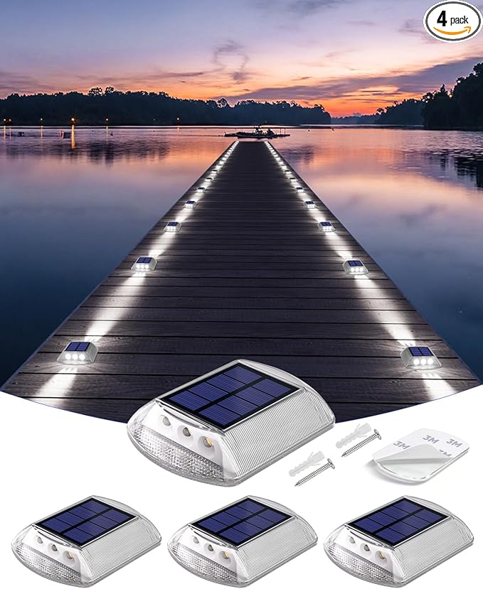 DetarZinLED Deck Lights Solar Powered, 4 Pack White Solar Pathway Driveway Light Outdoor IP68 Waterproof, Stick on & Screw Markers Deck Lights for Dock, Walkway, Sidewalk, Patio, Pool, Garden, Step