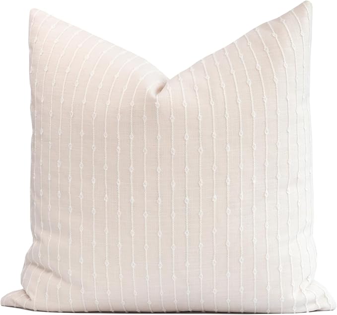 Coastal Linen Indoor Outdoor Throw Pillow Cover Only, 20"x20" Water Repellent for Patio, Backyard, Couch, Neutral Beige Embroidered Stripes