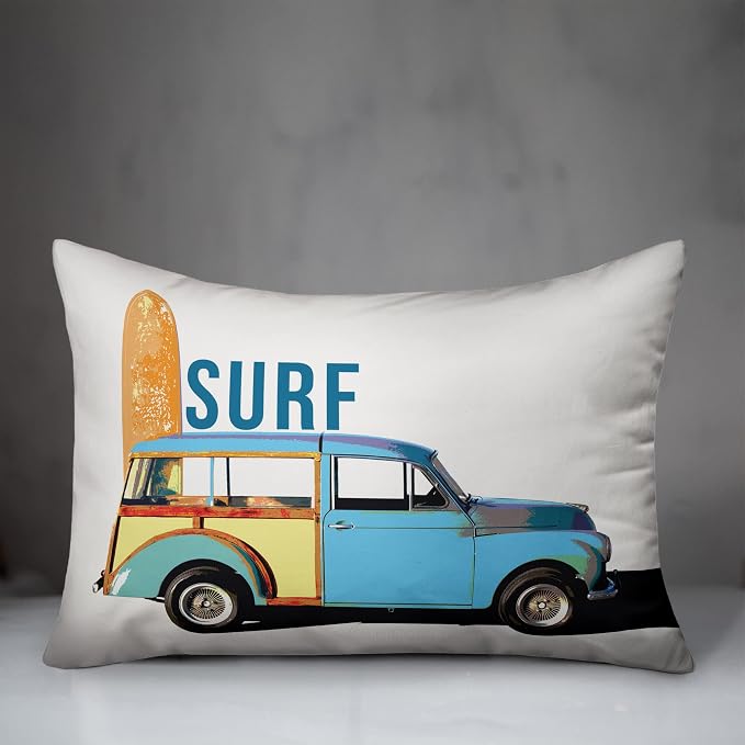 Vintage Surf Car Indoor/Outdoor Pillow | Decorative Pillows for Living Room Couch Bed Sofa Patio, Fluffy Soft Cushion | Water Resistant Blue, 14x20