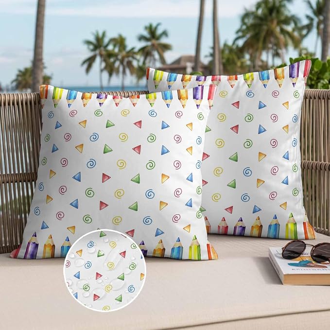 Back to School Waterproof Outdoor Pillow Covers Set of 2 Home Decor, Funny Colorful Pencil Building Blocks Pillowcase Patio Pillow Covers for Couch Bench Furniture Garden 26x26in
