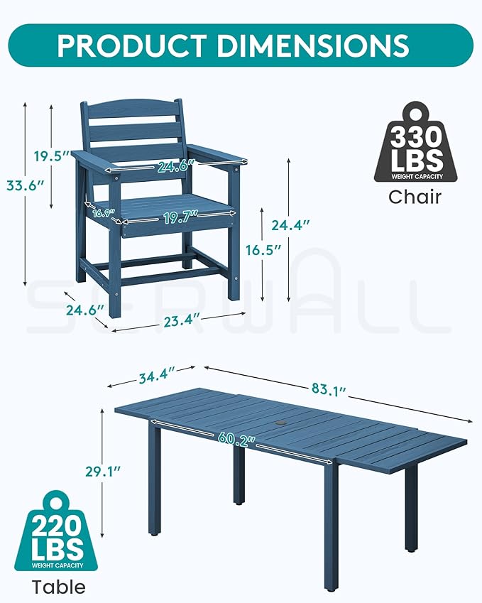 SERWALL 10-Piece Patio Dining Sets with 15FT Patio Umbrella, 60" - 83" Expandable Outdoor Dining Table and 8 HDPE Chairs, All Weather HDPE Outdoor Furniture Set (Umbreall Base not Included)