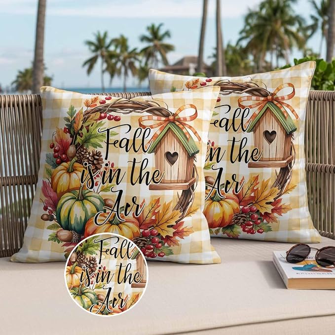 Fall Pumpkin Waterproof Outdoor Pillow Covers Set of 2 Home Decor, Thanksgiving Orange Check Maple Cabin Pillowcase Patio Pillow Covers for Couch Bench Furniture Garden 18x18in