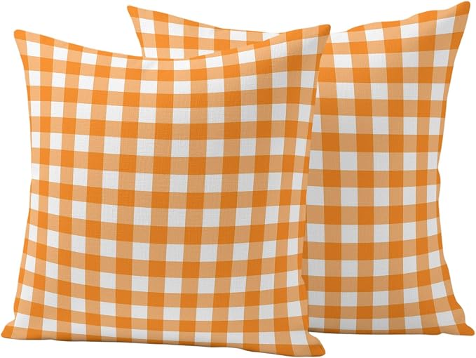Orange Checks Outdoor Pillow Covers 26"x26" Set of 2, White Gingham Plaid Abstract Modern Summer Waterproof Throw Pillow Covers for Patio Furniture, Decorative Cushion Covers for Porch