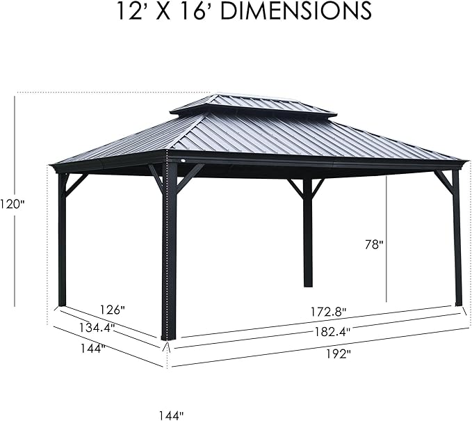 Kozyard Apollo 12’x16’ Hardtop Gazebo, Wooden Coated Aluminum Frame Canopy with Galvanized Steel Double Roof, Outdoor Permanent Metal Pavilion with Netting for Patio Lawn