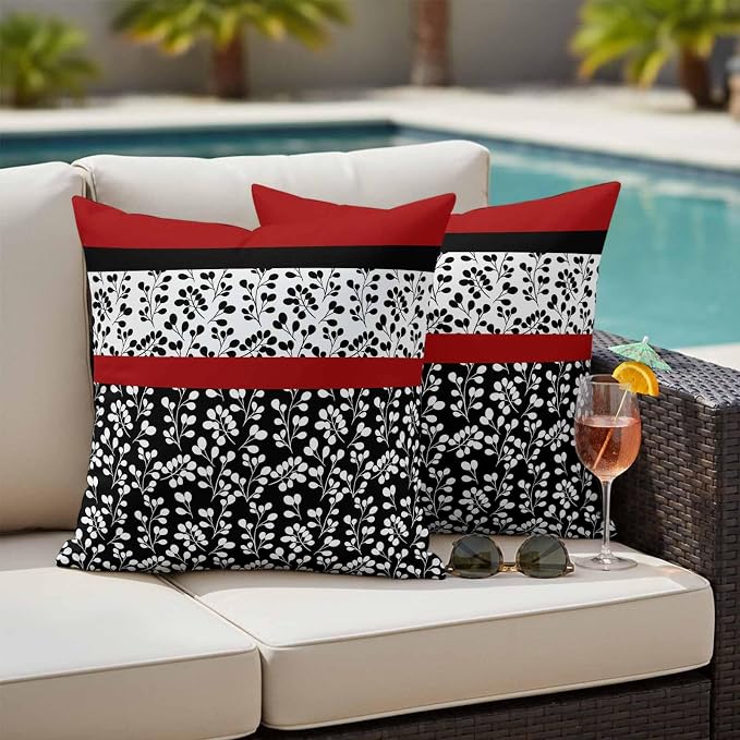 Black Red Outdoor Pillow Covers 20x20 Inch Throw Pillow Covers Set of 2 Waterproof Decorative Pillow Cases Garden Floral Stripe Aesthetic Flower Boho Cushion Covers for Patio Furniture Garden Couch