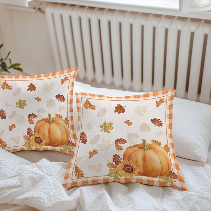 Thanksgiving Day Outdoor Pillow Covers Set of 2, Autumn Pumpkins Sunflowers Decorative Waterproof Throw Pillowcase Fall Leaves Plaid Cotton Linen Soft Cozy Cushion Cover Pillowsham 16x16In