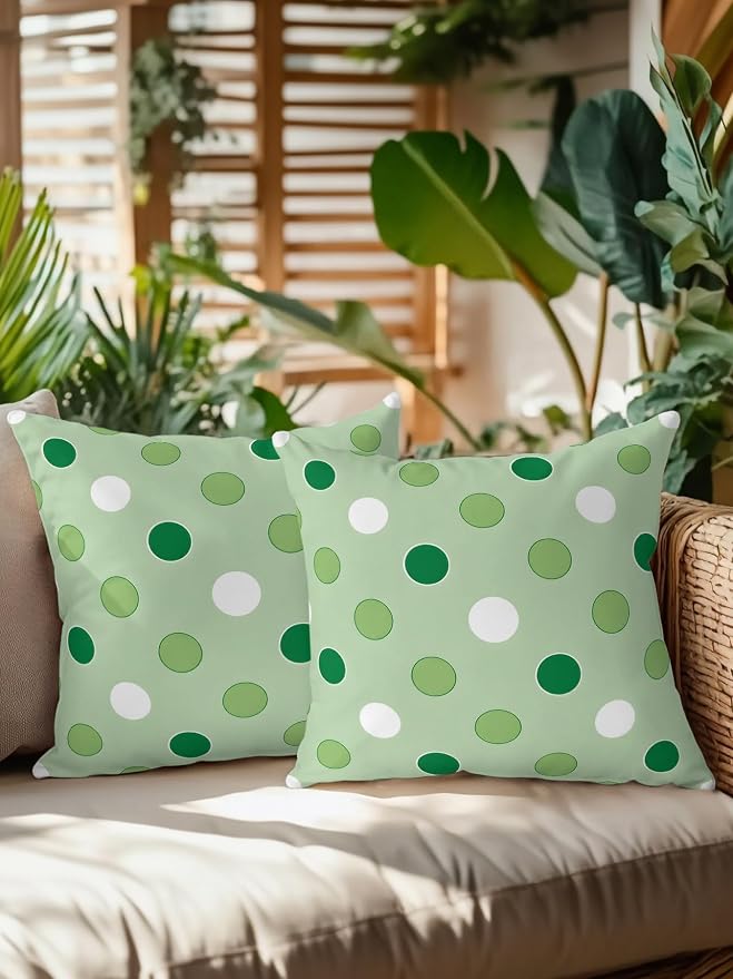 Waterproof Outdoor Pillow Set of 2 Green Polka Dots Decorative Throw Pillows Cover & Insert 16x16 Inch Pillowcase Funny Circles Spots Square Pillows for Couch Sofa Bed Patio Furniture Indoor Outdoor