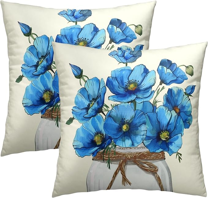 Blue Floral Throw Pillow Covers 22x22 Inch Set of 2, Beautiful Poppy Flowers Decorative Pillowcase Zippered Squre Cushion Cover Farmhouse Decor for Sofa Couch Living Room Outdoor