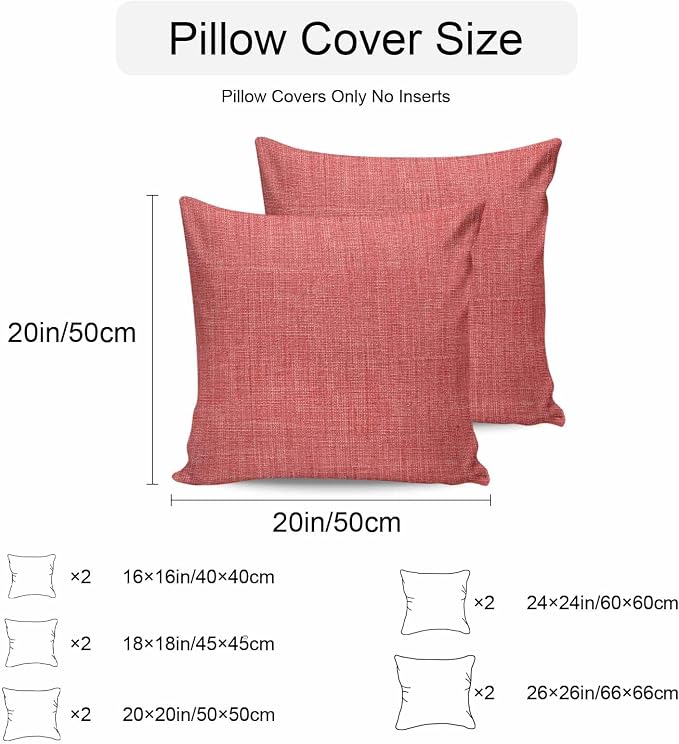 Vandarllin Outdoor Throw Pillows Covers 18x18 inch Set of 2 Waterproof Coral Red Linen Decorative Zippered Cushion Covers for Patio Furniture, Farmhouse Pure Color Lumbar Pillowcases