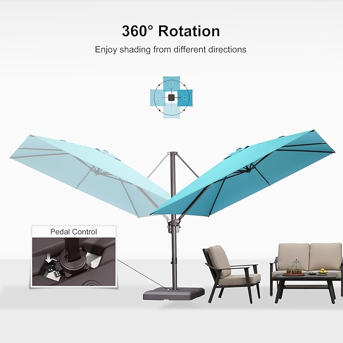 PURPLE LEAF 10' X 10' Patio Cantilever Umbrella with Base Included Antique Bronze Square Outdoor Umbrella with 360° Rotation and Aluminum Offset Hanging for Garden Backyard Pool, Turquoise