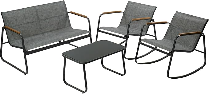 Kozyard 4-Piece Outdoor Patio Furniture Set with Textilene Chairs, Metal Conversation Set, Tempered Glass Coffee Table, Powder-Coated Steel Frame for Garden, Poolside, Backyard Gray