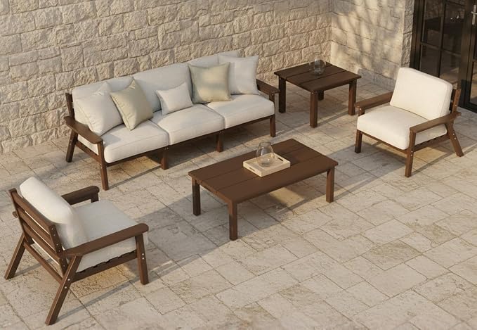 7 Piece Patio Conversation Set, Outdoor Couch with Washable Thick Beige Cushions, HDPE Patio Furniture Set, Outdoor Sectional Furniture for Backyard, Deck, Lawn, Porch (Brown Frame)
