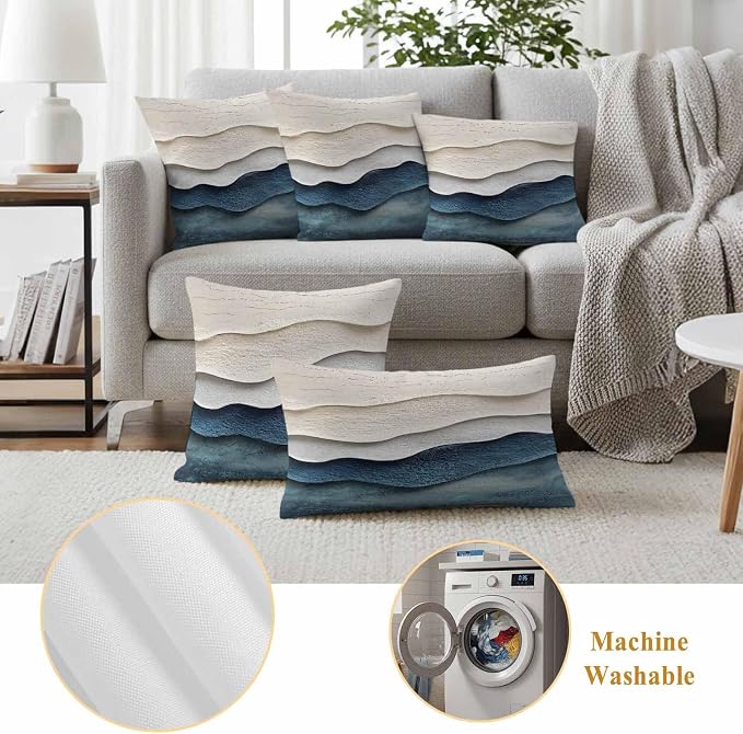 Abstract Waves Beach Art Outdoor Waterproof Throw Pillow Covers Set of 2, 26"x26", Blue Beige Oil Painting Style Decorative Pillow Covers Outside Cushion Case for Patio Porch Garden