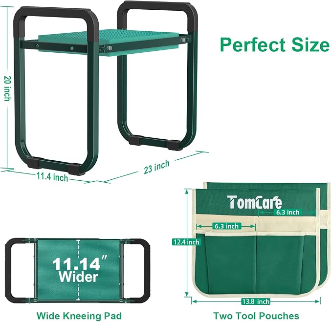 TomCare Garden Kneeler and Seat, 11.14" Kneeling Pad Sturdy Garden Bench | 2-in-1 Heavy Duty Garden Stool, 2 Tool Pouches, Foldable Design, Gardening Gift for Women, Men and Gardeners