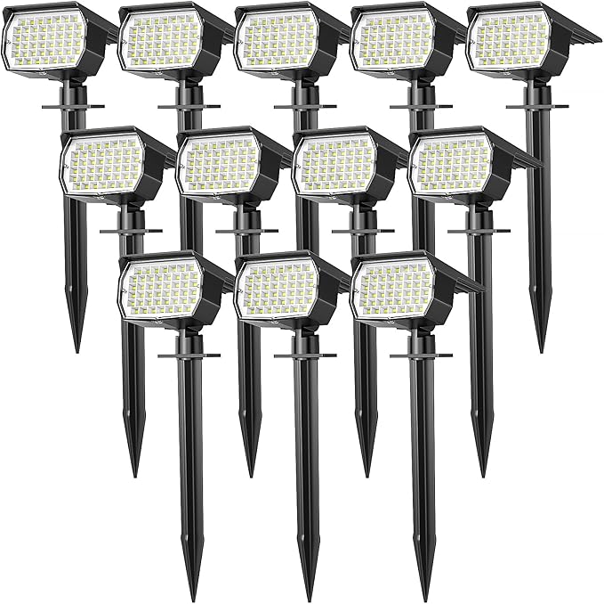 WENATY Solar Spot Lights Outdoor Waterproof IP65, 12 Pack Landscape Spotlights with 46 LEDs, 3 Modes Auto On/Off Solar Powered Flood Lights for Outside Pathway, Yard, Garden, Walkway (Cool White)