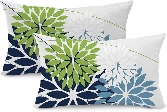 DFXSZ Pack of 2 Outdoor Waterproof Throw Pillow Covers 12x20 Green Blue | Polyester Colorful Spring Summer Floral Decorative Cushion Cases(NO INSERT),For Couch Patio Funiture Garden Home Decor