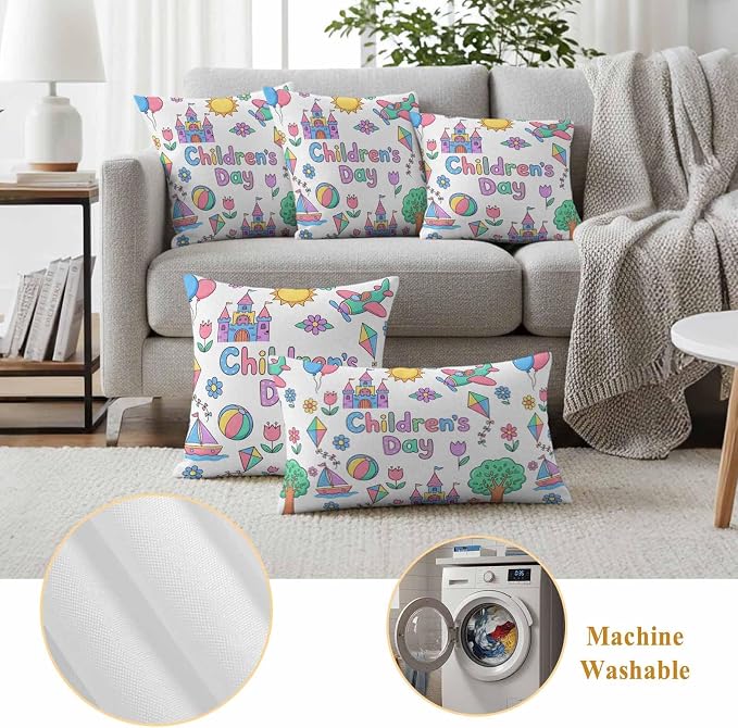 Pack of 2 Children's Day Outdoor Pillow Covers Decorative, Waterproof Pillow Protector, Airplanes Sailing Boats Tree Cartoon School Throw Pillowcases Accent Cushion Cases for Patio Couch Sofa 26"x26"