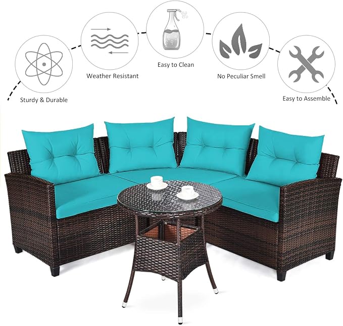COSTWAY 4-Piece Patio Furniture Set, Wicker Rattan Sofa with Cushions and Coffee Table, Outdoor Sectional Conversation Sofa Set for Poolside Backyard Lawn Backyard (Turquoise)