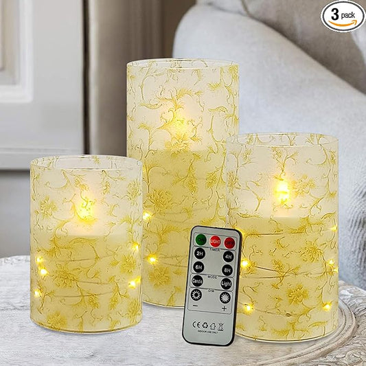 Flickering Flameless Candles, Recessed String Light LED Candles 3D Wick Acrylic Battery Operated LED Pillar Candles with Remote and Timer for Modern Simple Home Decor Set of 3(Gold Flower)