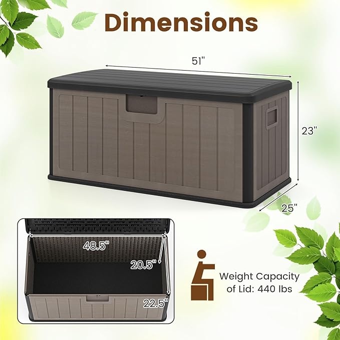 Giantex 100 Gallon Deck Box, Waterproof Resin Box with Lockable Lid, 440Lbs Outdoor HDPE Storage Container Bench for Patio Furniture Cushions, Pool Tools & Garden Accessories (Black+Brown)