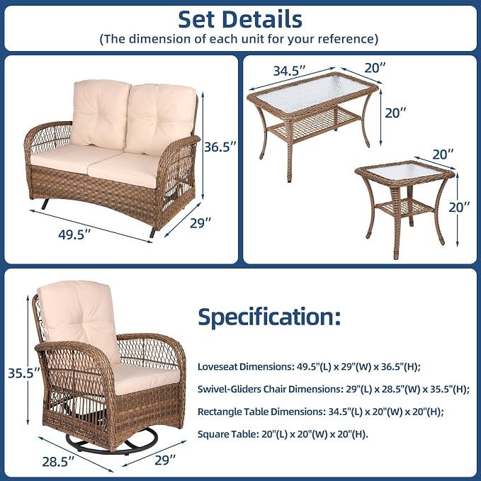 5-Piece Wicker Patio Furniture Sets Outdoor All-Weather Rattan Conversation Set Includes Glider Loveseat, 2 Glass-Top Coffee Tables, 2 Swivel Rocking Chairs with Thickened Cushions