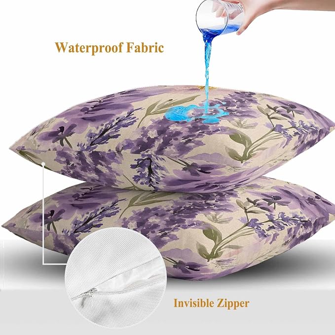 Spring Flowers Outdoor Waterproof Throw Pillow Covers Set of 2, 24"x24", Lavender Leaf Purple Floral Vintage Decorative Pillow Covers Outside Cushion Case for Patio Porch Garden