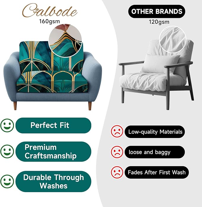 CALBODE 8Pcs Stretch Patio Cushion Cover, Art Deco Geometric Pattern Couch & Sofa Slipcovers for Patio Furniture Cushions Washable Reusable Couch Covers Replacement for All Season(Green, Cover Only)