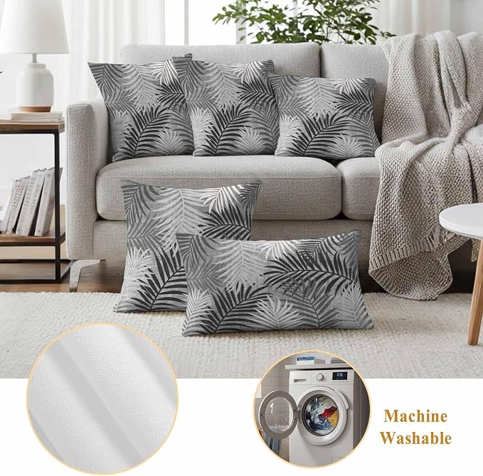 Gray Palm Leaves Waterproof Outdoor Pillow Covers Set of 2 Home Decor, Summer Tropical Leaf Plant Pillowcase Patio Pillow Covers for Couch Bench Patio Furniture Garden 16x16in