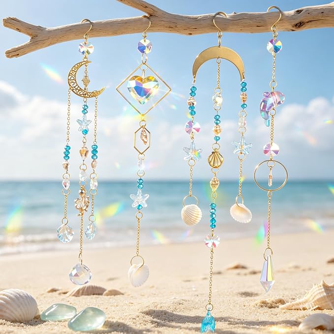 408 Pcs DIY Ocean Suncatchers Kit for Adults – Crystal Suncatchers Rainbow Maker with Genuine Natural Seashells, Art and Crafts for Adults, Hanging Window Decor for Home, Parties & Weddings