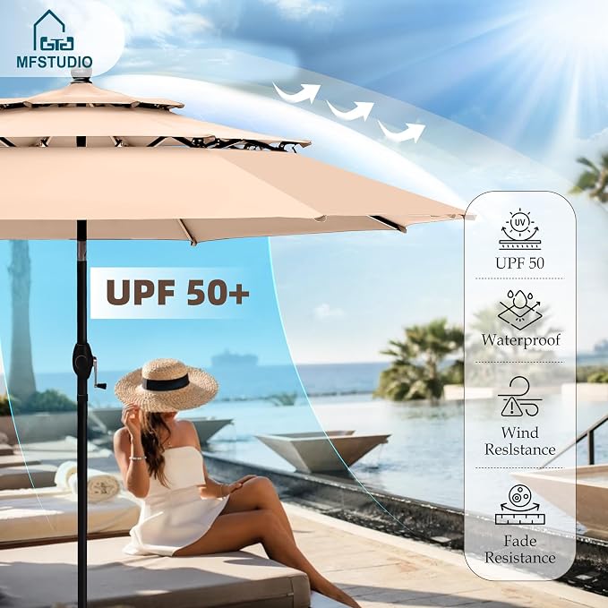 MFSTUDIO Patio Dining Set, 42" Round Metal Table, Swivel Chairs, Beige | Umbrella Included, Umbrella Base Not Included, All-Weather Use