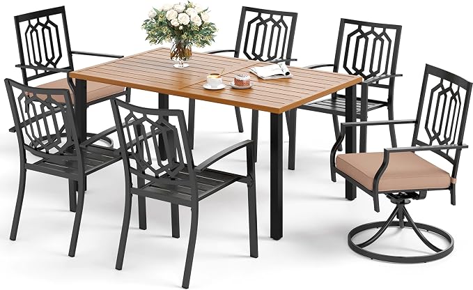 SUNSHINE VALLEY Patio Dining Set,Wood-Like Metal Table w/Umbrella Hole | 60x36 Table&6 Pcs Rust-Proof Stackable Chairs, Outdoor Table and Chairs Set for Backyard Garden Deck