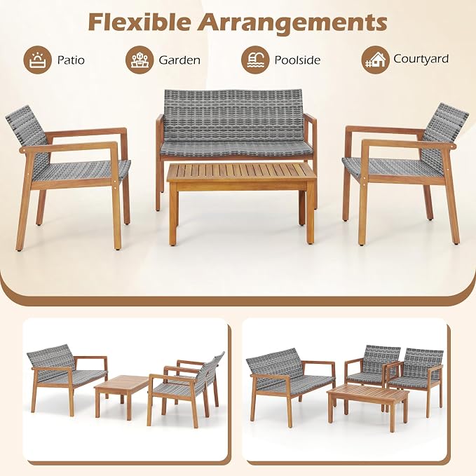 HAPPYGRILL 8-Piece Patio Furniture Set, PE Rattan Patio Bistro Set with Loveseat, Single Chairs & Coffee Table, Outdoor Acacia Wood Conversation Set for Garden, Backyard, Poolside & Porch
