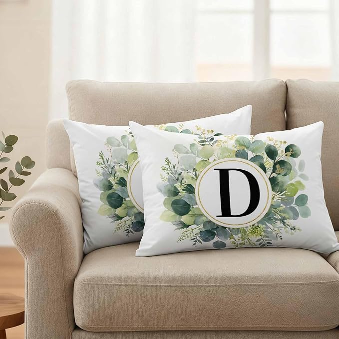 Letter D Waterproof Outdoor Pillow Covers Set of 2 Home Decor, Alphabet Green Eucalyptus Leaves Lumbar Pillowcase Patio Pillow Covers for Couch Bench Patio Furniture Garden 20x12in
