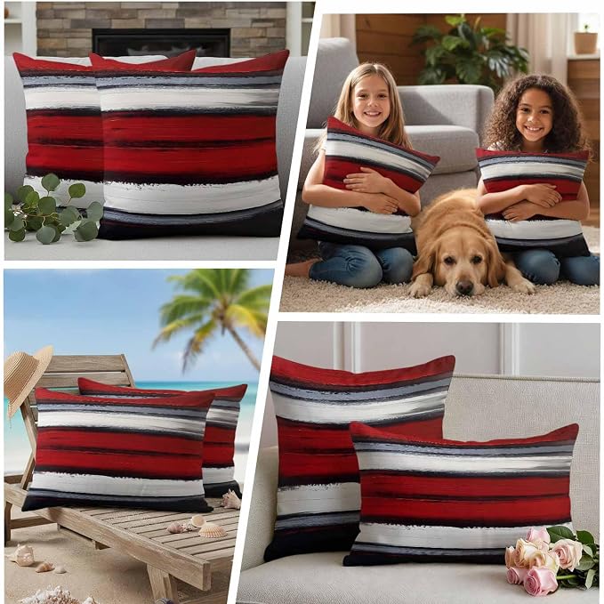 Red and Black Strip Outdoor Pillow Covers 26"x26" Set of 2, Classic Modern Art Waterproof Throw Pillow Covers for Patio Furniture, Decorative Cushion Covers for Porch