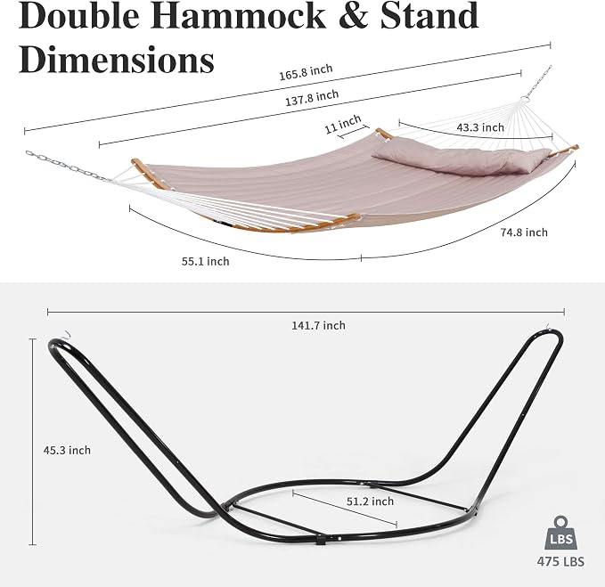 SUNCREAT Hammocks Outdoor Portable Hammock with Stand, 475 lbs Capacity, Heavy Duty Double Hammock with Stand Included, Patent Pending, Tan