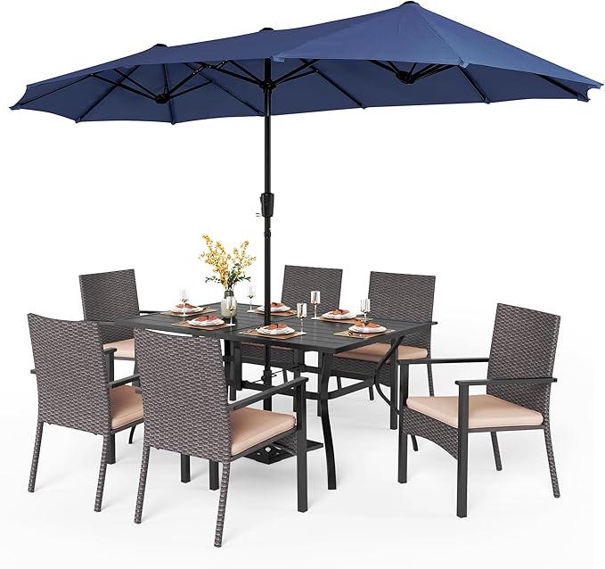 PHI VILLA 7pc Patio Dining Set with Blue Umbrella, 6 Rattan Chairs | 60" Metal dining table, 6 cushioned rattan wicker chairs, 13ft blue umbrella. Perfect for patio, deck, yard, or porch.