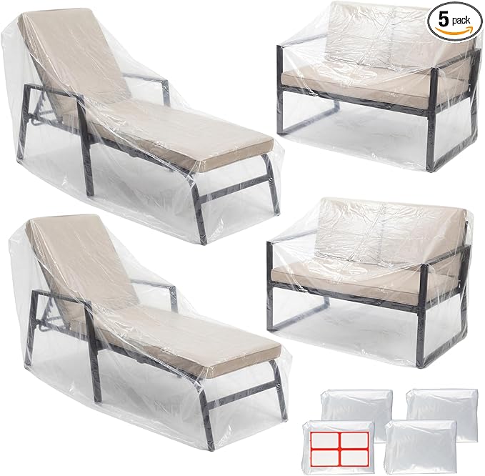 Windyun 4 Pack Patio Chaise Lounge Cover for Furniture, Outdoor Waterproof Loveseat Bench Cover, Clear Plastic Couch Chair Slipcovers Dustproof for Sofa Moving Storage Protector