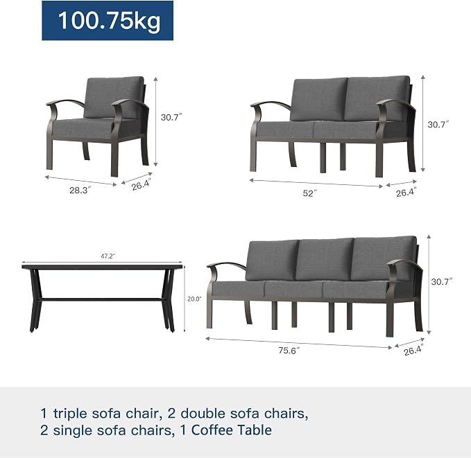 Kullavik Aluminum Patio Furniture Set,6 Piece Modern Metal Outdoor Patio Furniture w/5.1'' Thick Cushion,Swivel Chairs and Rectangular Coffee Table,Patio Conversation Sets for Porch,Deck,Grey