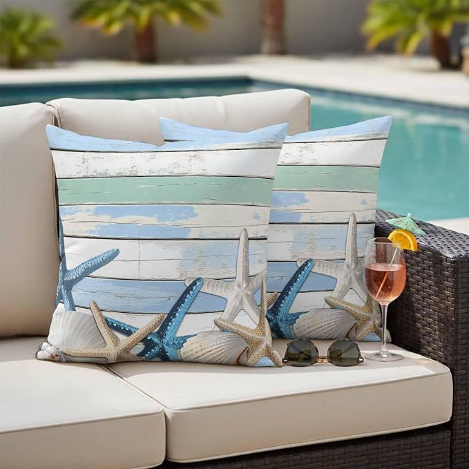Outdoor Waterproof Pillow Covers Coastal Blue White Starfish Shell Pack of 2 Lumbar Pillow Cover Wood Grain Decorative Cushion Pillowcases for Patio Couch Bench Garden 16 x 16 Inches