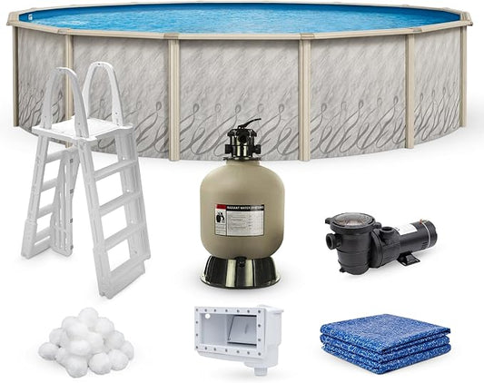 Meadows 24 ft Round Above Ground Swimming Pool Kit | 52 Inch Steel Walls | Bundle Includes: 25 Gauge Liner, A-Frame Ladder, Sand Filter System with Pump & Skimmer