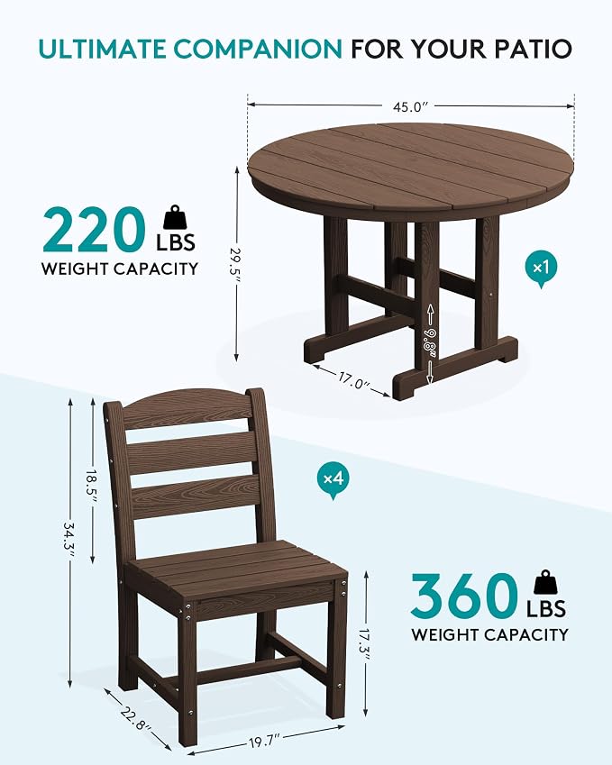 SERWALL 6-Piece Patio Dining Sets, HDPE Outdoor Table and Chairs Furniture Set with Umbrella, 45" Round Dining Table & 4 Armless Dining Chairs & 1 9FT Umbrella, Coffee(Not Include Umbrella Base)