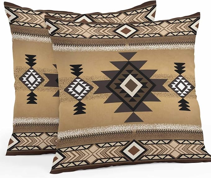 Vandarllin Outdoor Throw Pillows Covers 16x16 inch Set of 2 Waterproof Tribal Style Decorative Zippered Cushion Covers for Patio Furniture, Brown Southwest Native American Lumbar Pillowcases