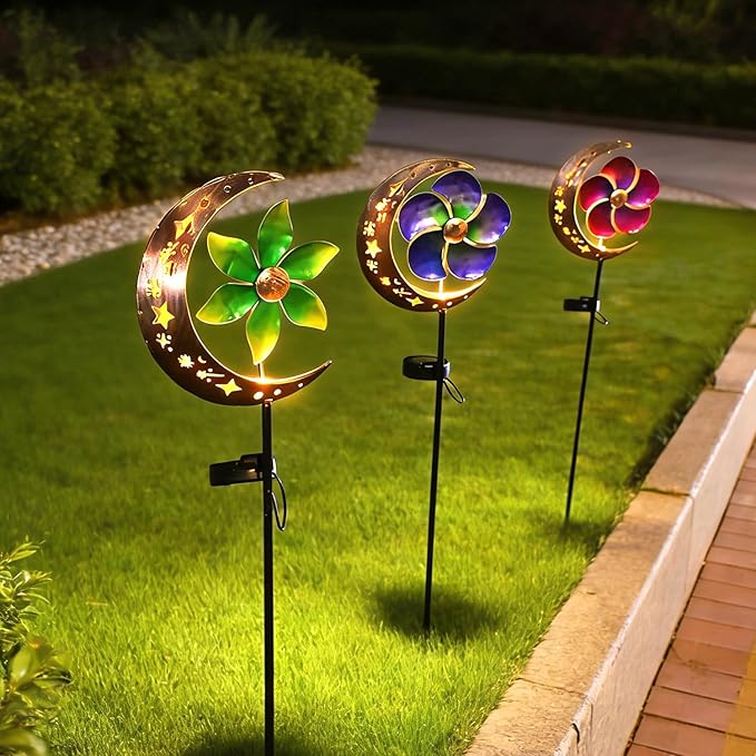 Solar Moon Windmill Decorative Garden Light - Metal Stake Windmill with Glass Ball LED, Outdoor Lawn Lamp for Yard Decoration (Red)