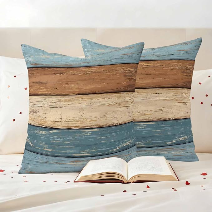 Farmhouse Blue Brown Outdoor Waterproof Pillow Covers, Vintage Wooden Striped Decorative Square Throw Pillowcase Sofa Cushion Sham for Patio/Couch/Chair, 16"x16" 2 Pack