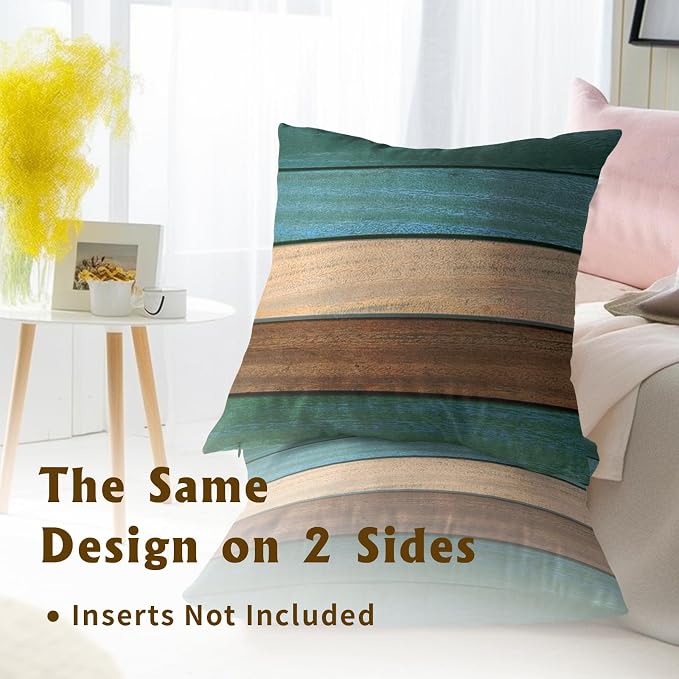 Teal Brown Wood Pillow Cover 20x20, Vintage Old Blue Board Grunge Panel Natural Lumber Plank Throw Pillowcases 2Pcs Decorative Cushion Cover for Home Couch Bed