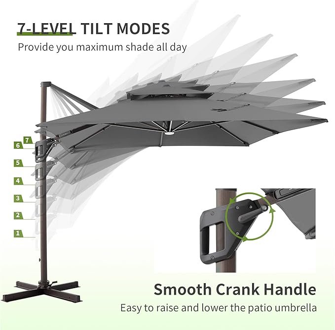 JZAC & QZYD 9x12 FT Outdoor Cantilever Patio Umbrella with LED Lights, Large Heavy Duty 2-Tier Aluminum Offset Umbrellas with 360-Degree Rotation for Pool Deck, Grey
