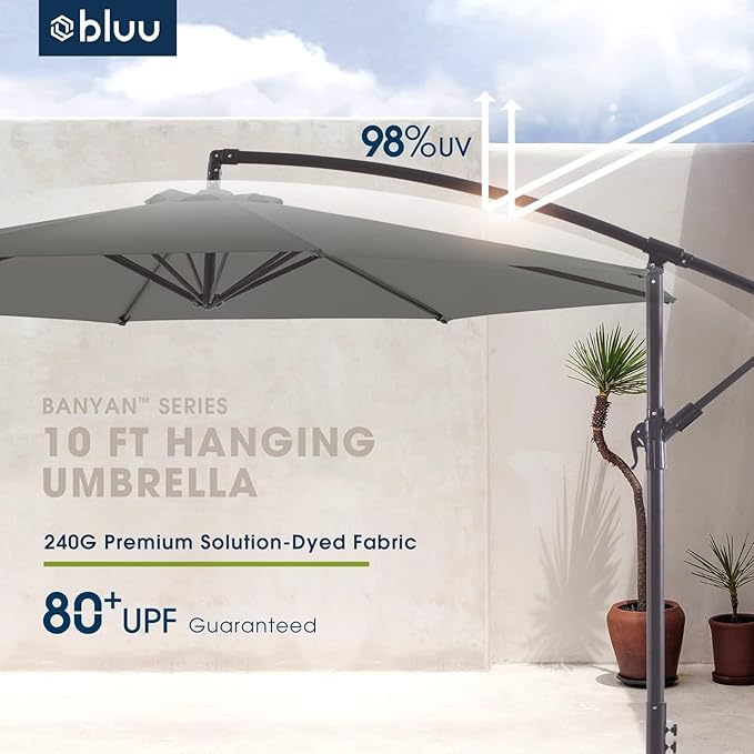 BLUU BANYAN 10 FT Patio Offset Umbrella Cantilever Hanging Umbrellas, 24 Month Fade Resistance & Water-repellent UV Protection, Crank & Cross Base (Grey, 10 FT WITH 600D COVER)
