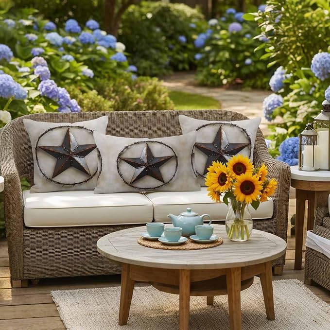 Farmhouse Vintage Waterproof Outdoor Pillow Covers Set of 2 Home Decor, Country Western Texas Star Aesthetic Pillowcase Patio Pillow Covers for Couch Bench Furniture Garden 16x16in