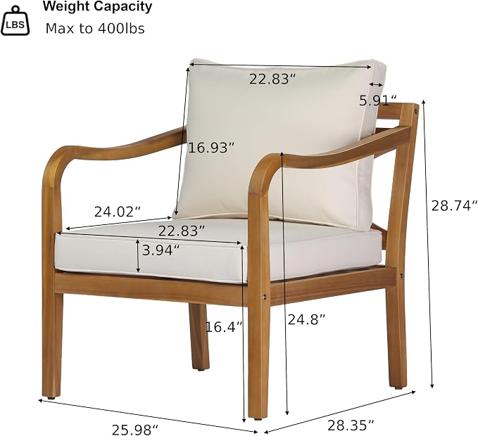 Merax Outdoor Acacia Wood Armchair Set of 2 with Elegant Cross Back Design, Deep Seating Patio Lounge Chairs with Removable Soft Cushions for Porch, Garden, Backyard, Balcony, Teak & Beige